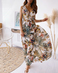 Floral Print V-Cut Back Tie Waist Maxi Dress
