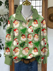 Lovely Christmas Tree Santa Art Print Casual Long Sleeve Comfortable Cotton Shirt