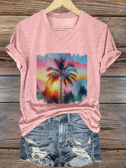 Christmas Palm Tree Print V-Neck T-Shirt