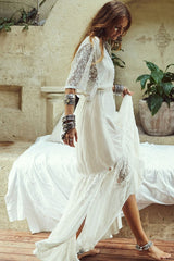 Pleated Splicing Lace Beach Cover Up Maxi Dress