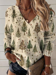 Vintage Christmas Art Print Knit V-neck Pullover Sweater