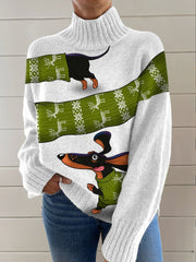 Christmas Dachshund Print Knit Turtleneck Pullover Sweater