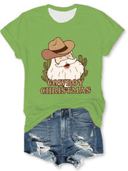 Western Christmas Cowboy Santa Print T-Shirt