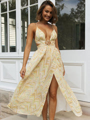 Yellow V-Neck Lace Up Printed Beach Maxi Summer Dress