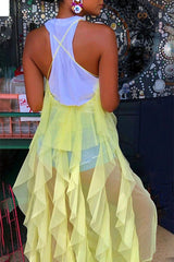 Sheer Mesh Layered Ruffle Trim Cami Dress
