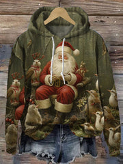 Vintage Christmas Santa Print Casual Hoodie Sweatshirt
