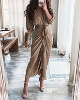 Long Sleeve Plain Slit Shirt Dress