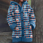 Christmas Cat Stripe Print Long Sleeve Knitted Hooded Cardigan