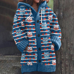 Christmas Cat Stripe Print Long Sleeve Knitted Hooded Cardigan