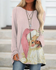 Christmas Striped Pink Santa Claus Round Neck Loose Top