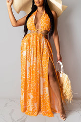 O-Ring Metallic Strap Detail Cut Out Backless Dress