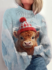 Christmas Highland Cow Print Knitted Turtleneck Jumper