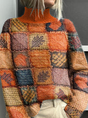 Thanksgiving Pumpkin Maple Leaf Pattern Art Print Knit Turtleneck Pullover Sweater
