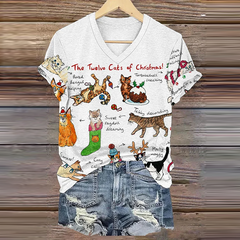 The Twelve Cats Of Christmas Print Casual T-Shirt