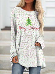 Merry Christmas Tree Print Long T-Shirt