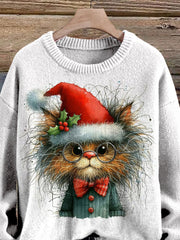 Furry Cat And Christmas Hat Graphic Printed Knit Pullover Sweater
