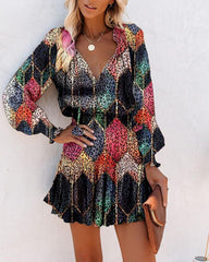 Multicolor Leopard Long Sleeve Skinny Waist Dress