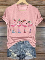 Lovely Christmas Flamingo Art Print V-neck Casual T-Shirt