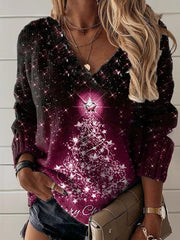 Glowing Christmas Tree Art Print Knit V-neck Pullover Sweater