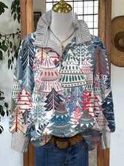 Lovely Christmas Tree Art Print Casual Long Sleeve Comfortable Cotton Shirt