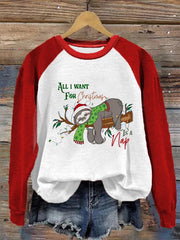 Christmas All I Want For Christmas Is A Nap Sloth Print Sweatshirt