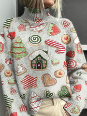 Christmas Frosted Cookies Decorative Pattern Knit Turtleneck Pullover Sweater