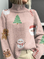 Cute Cartoon Christmas Elements Print Knit Turtleneck Pullover Sweater