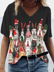 Christmas Dog Print V-Neck T-Shirt