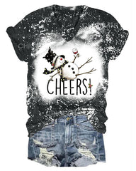 Women Cheers Christmas Drunk Snowman Print T-Shirt