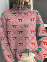 Lovely Christmas Ribbon Pattern Printed Knit Turtleneck Pullover Sweater