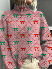 Lovely Christmas Ribbon Pattern Printed Knit Turtleneck Pullover Sweater