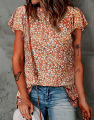 Frilled Neck Flutter Floral Top