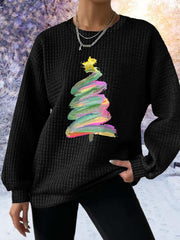 Oil Painting Christmas Tree Print Waffle Sweatshirt