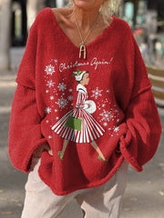 "Christmas Again!" Retro Christmas Graphic Printed Casual Pullover Sweater