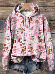 Retro Pink Christmas Print Hooded Sweatshirt