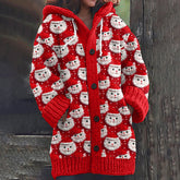 Cute Christmas Cat Print Knitted Hooded Cardigan