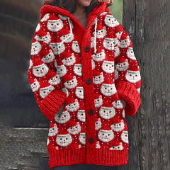Cute Christmas Cat Print Knitted Hooded Cardigan