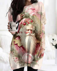 Vintage Pink Christmas Santa Print Midi Top