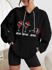 Funny Christmas Drink Drank Drunk Shiny Red Wine Glass Casual Cable Hoodie