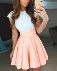 Colorblock Contrast Lace Ruffle Hem Mini Skater Dress