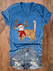 Christmas Cat Lights Print T-Shirt