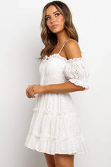 Ruffle Sleeved Openwork Flare Beach Mini Dress