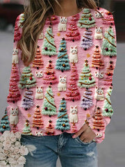 Christmas Tree Cat Print Crew Neck Sweatshirt