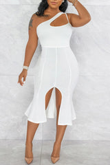 Split Front One Shoulder Midi Mermaid Dress