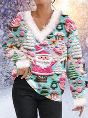 Pink Santa Print Fur Collar Sweatshirt