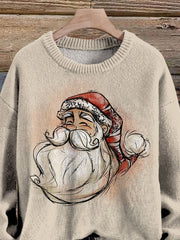 Hand Drawing Style Santa Graphic Printed Knit Pullover Sweater
