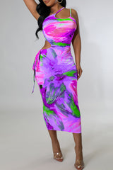 Allover Print Cut Out Asymmetrical Neck Dress
