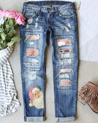Retro Pink Santa Print Ripped Jeans
