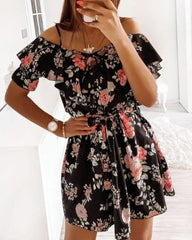 Floral Print Tie Front Ruffle Trim Belted Cold Shoulder Dress