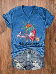 Mele Kalikimaka Hawaii Christmas Print V-Neck T-Shirt